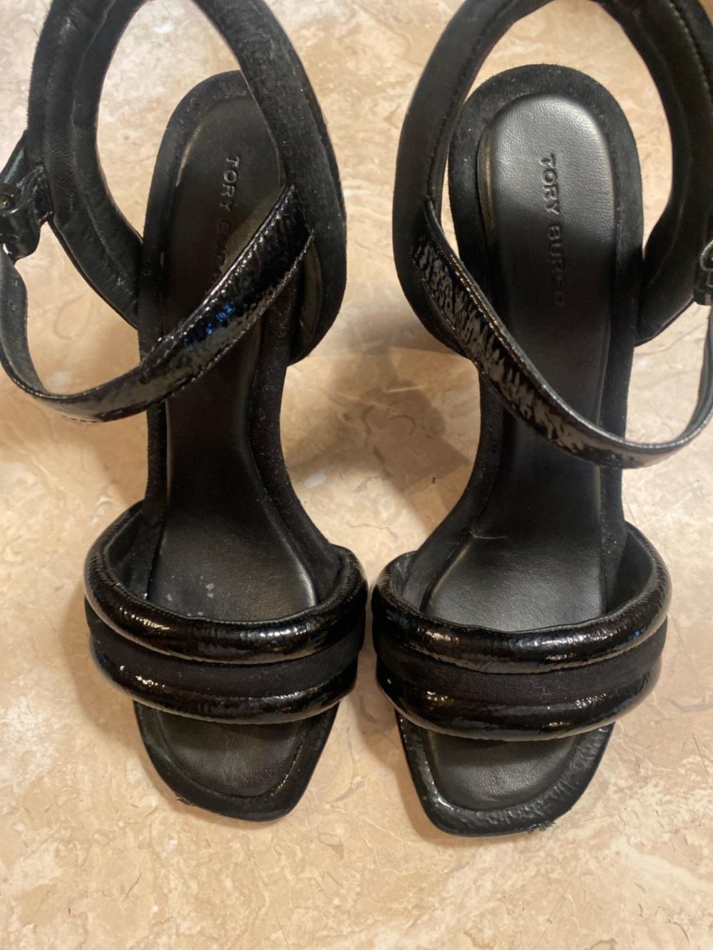 Tory Burch Black Patent Leather Strappy Block Heels